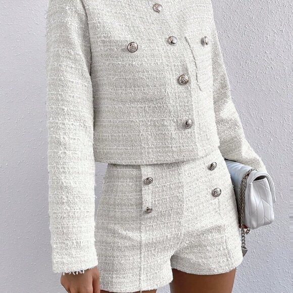 White Casual Womens Plaid Print Button Front Jacket & Shorts - Picture 3 of 5